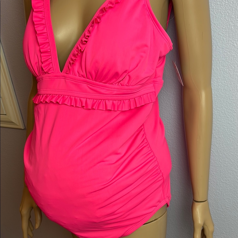 NWT Pink Ruffled Maternity Women's One Piece Swimsuit - Picture 3 of 13